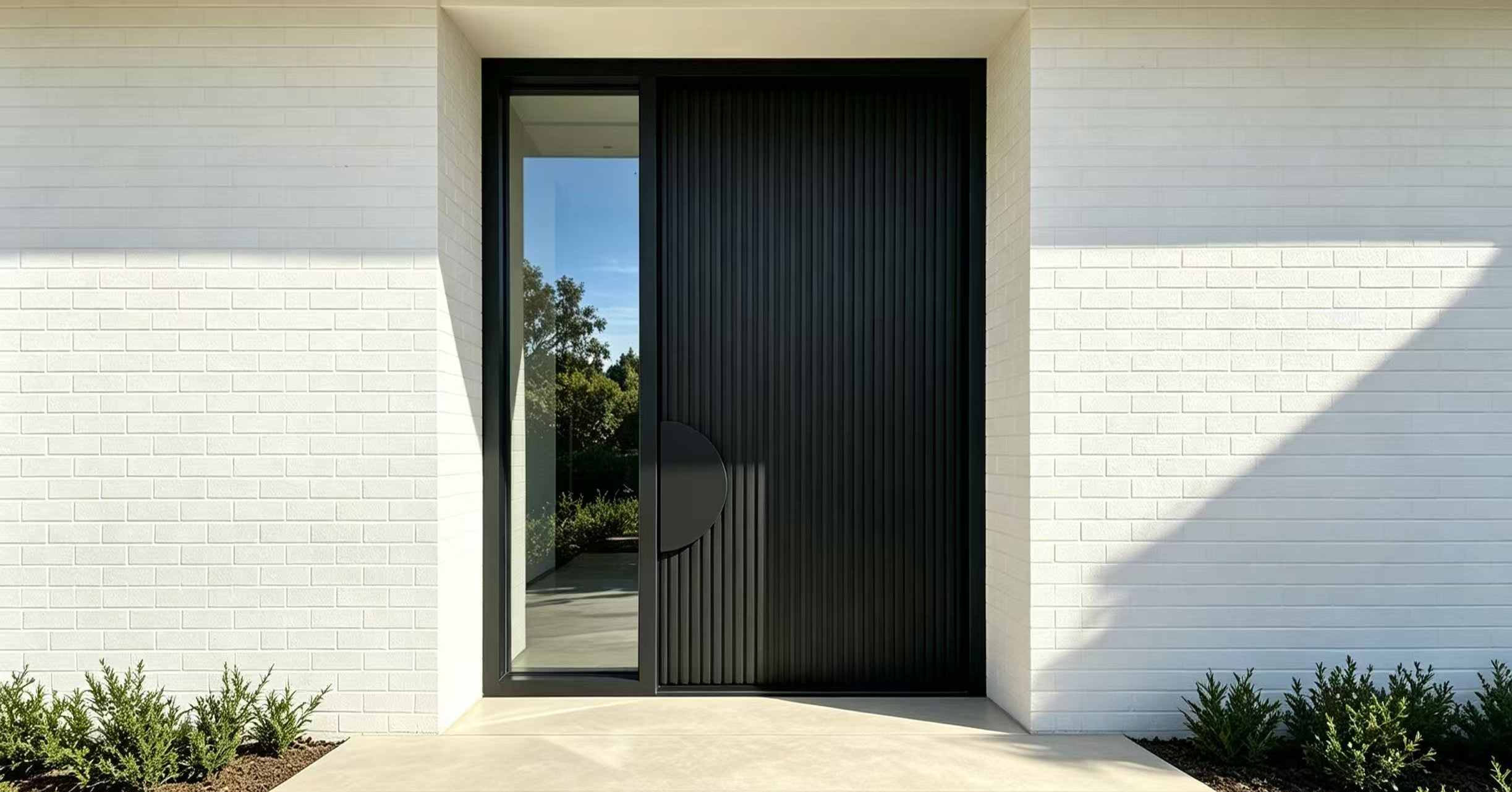 Caso de instalación de villa en Australia | Puerta pivotante descentrada de aluminio estriado negro mate