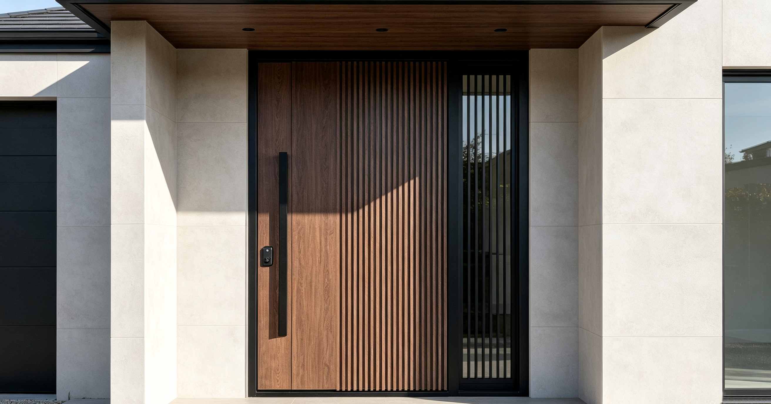 Caso práctico en Canberra | Instalación de puerta de entrada y puerta de garaje de aluminio con acabado imitación madera