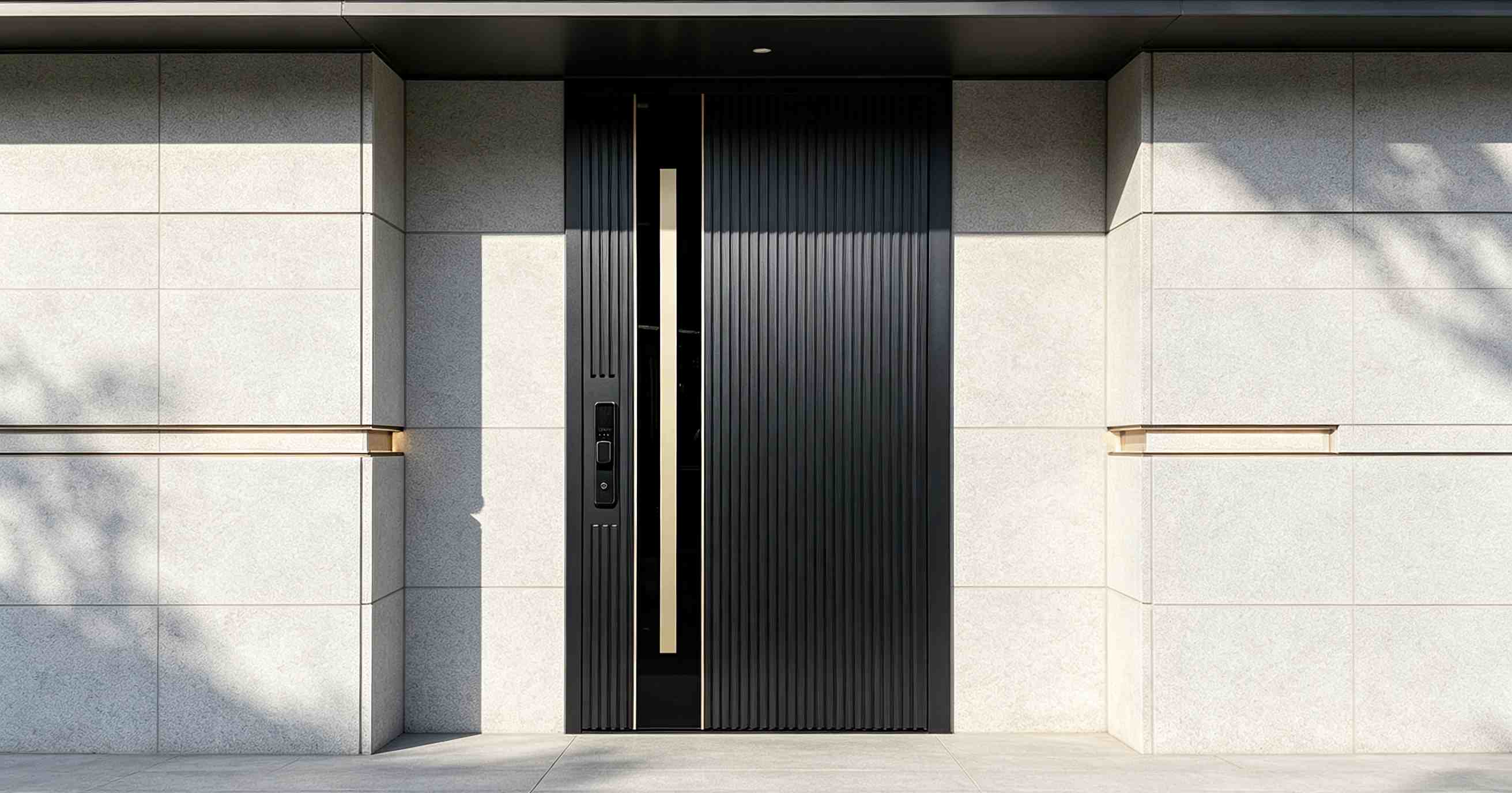 Proyecto de puerta principal de aluminio y cristal negro a medida para una villa moderna australiana | Tirador dorado