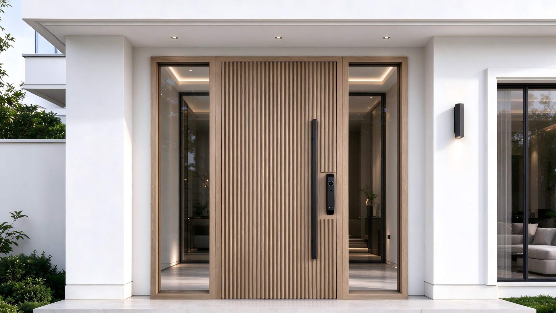 Puerta de entrada de aluminio con acabado de madera y cristal tintado: un proyecto de transformación de una villa moderna en Australia.